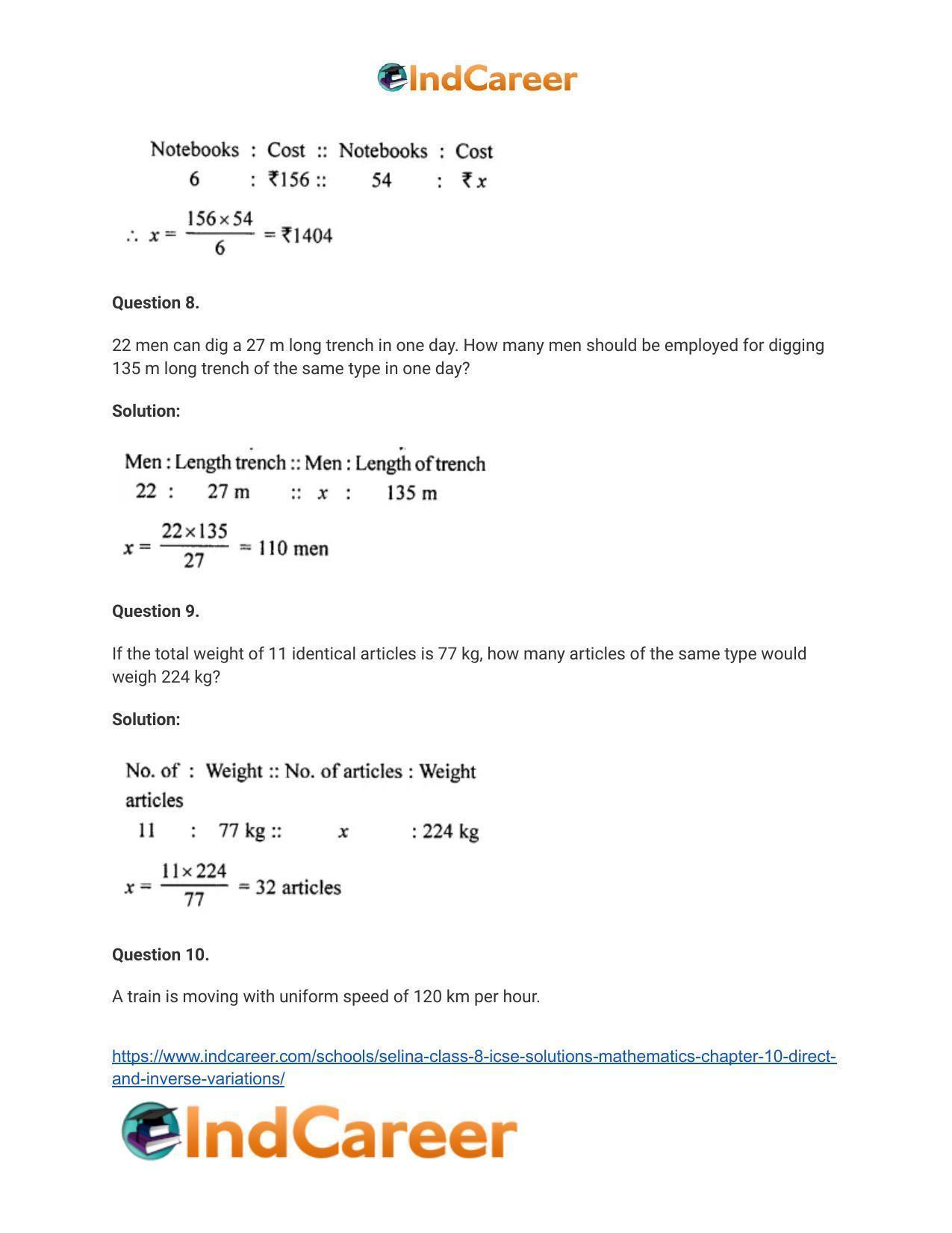 Selina Class 8 ICSE Solutions Mathematics : Chapter 10- Direct and Inverse Variations - Page 8