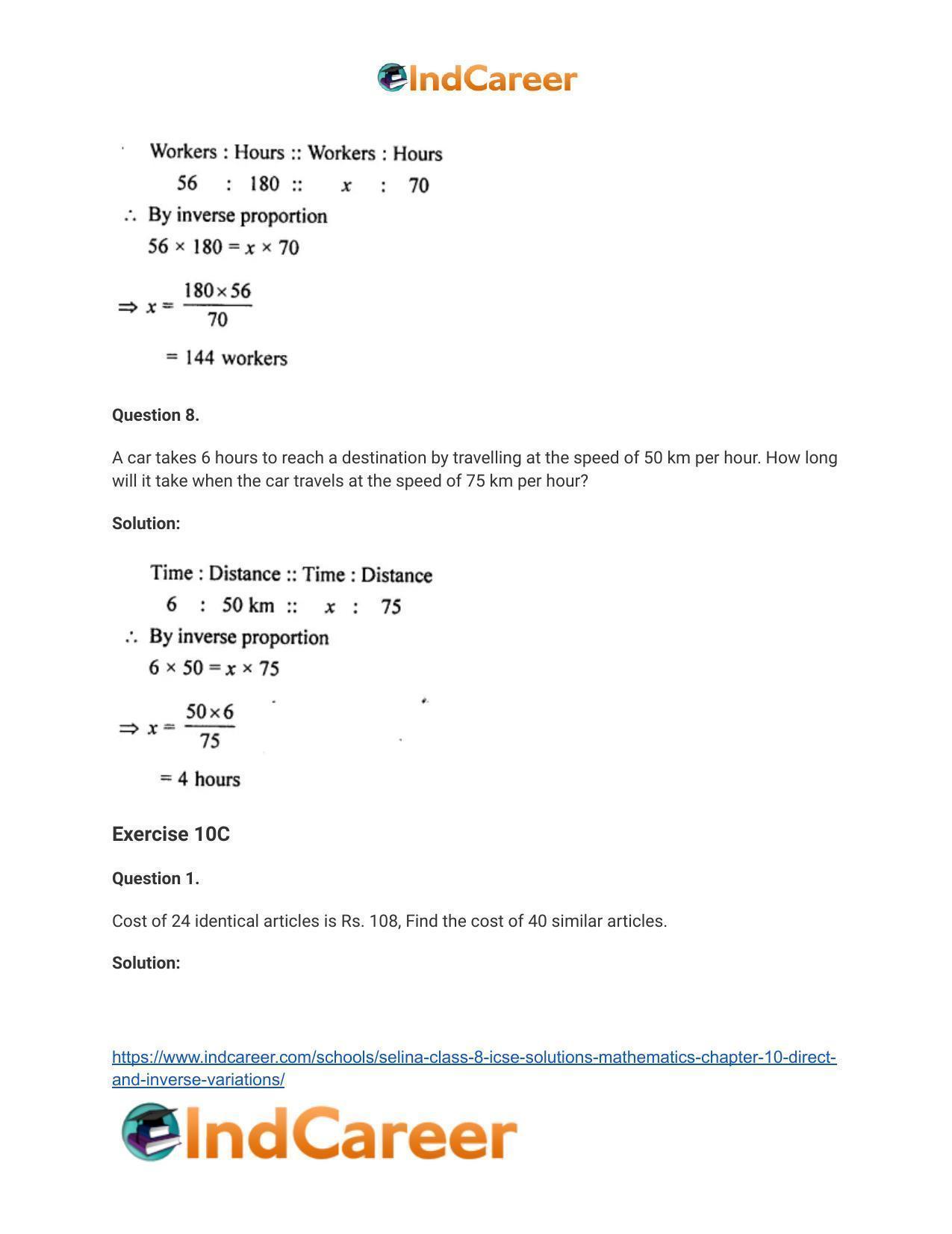 Selina Class 8 ICSE Solutions Mathematics : Chapter 10- Direct and Inverse Variations - Page 15