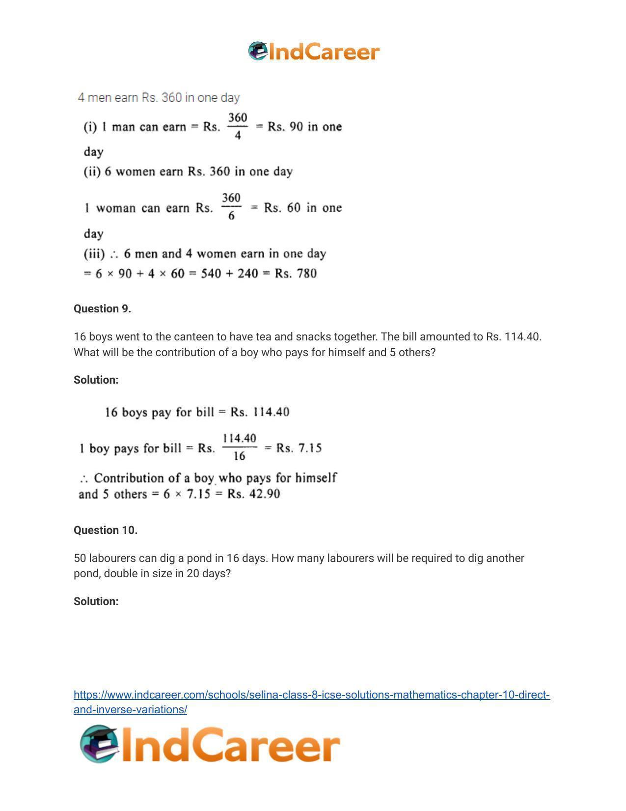Selina Class 8 ICSE Solutions Mathematics : Chapter 10- Direct and Inverse Variations - Page 20