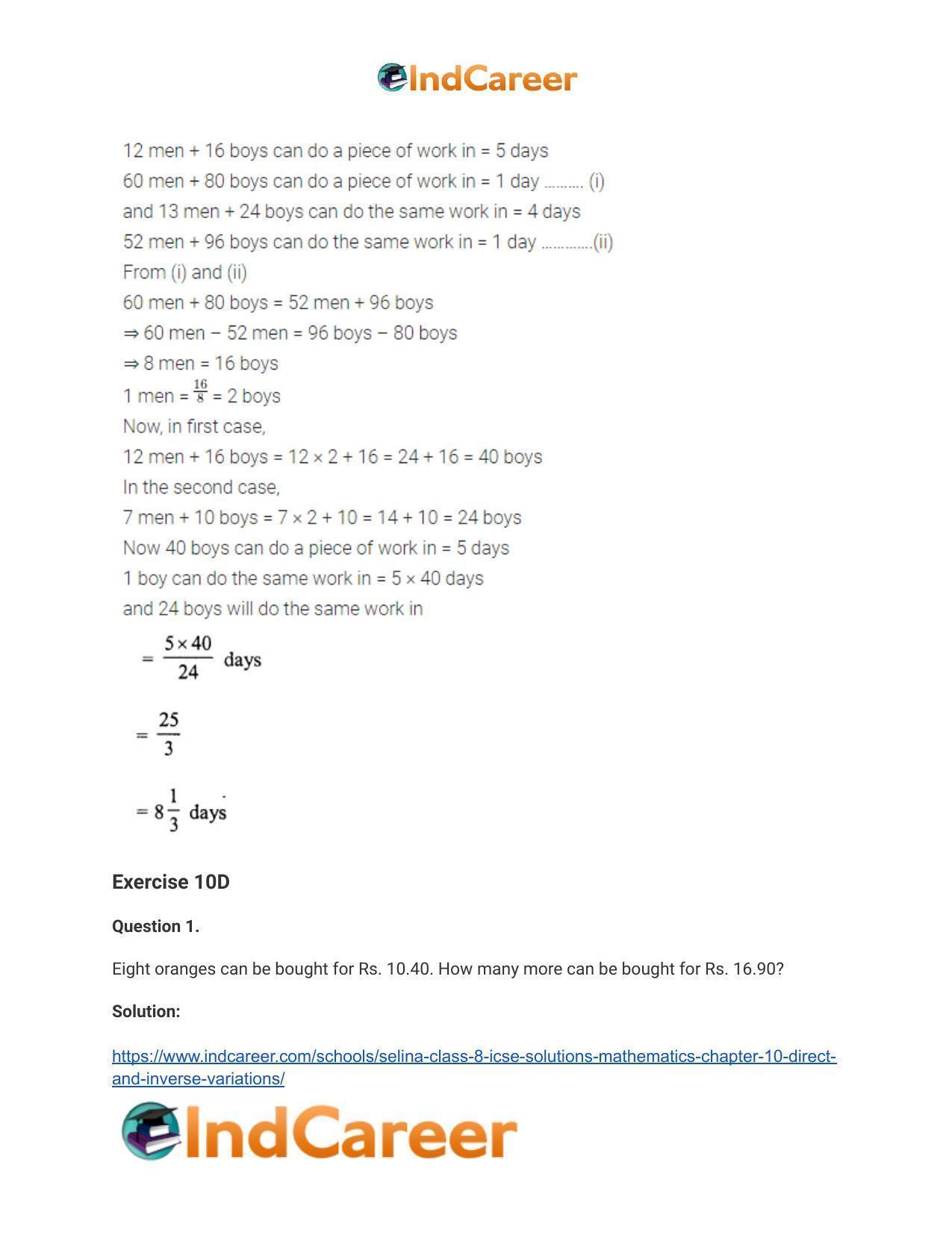 Selina Class 8 ICSE Solutions Mathematics : Chapter 10- Direct and Inverse Variations - Page 26