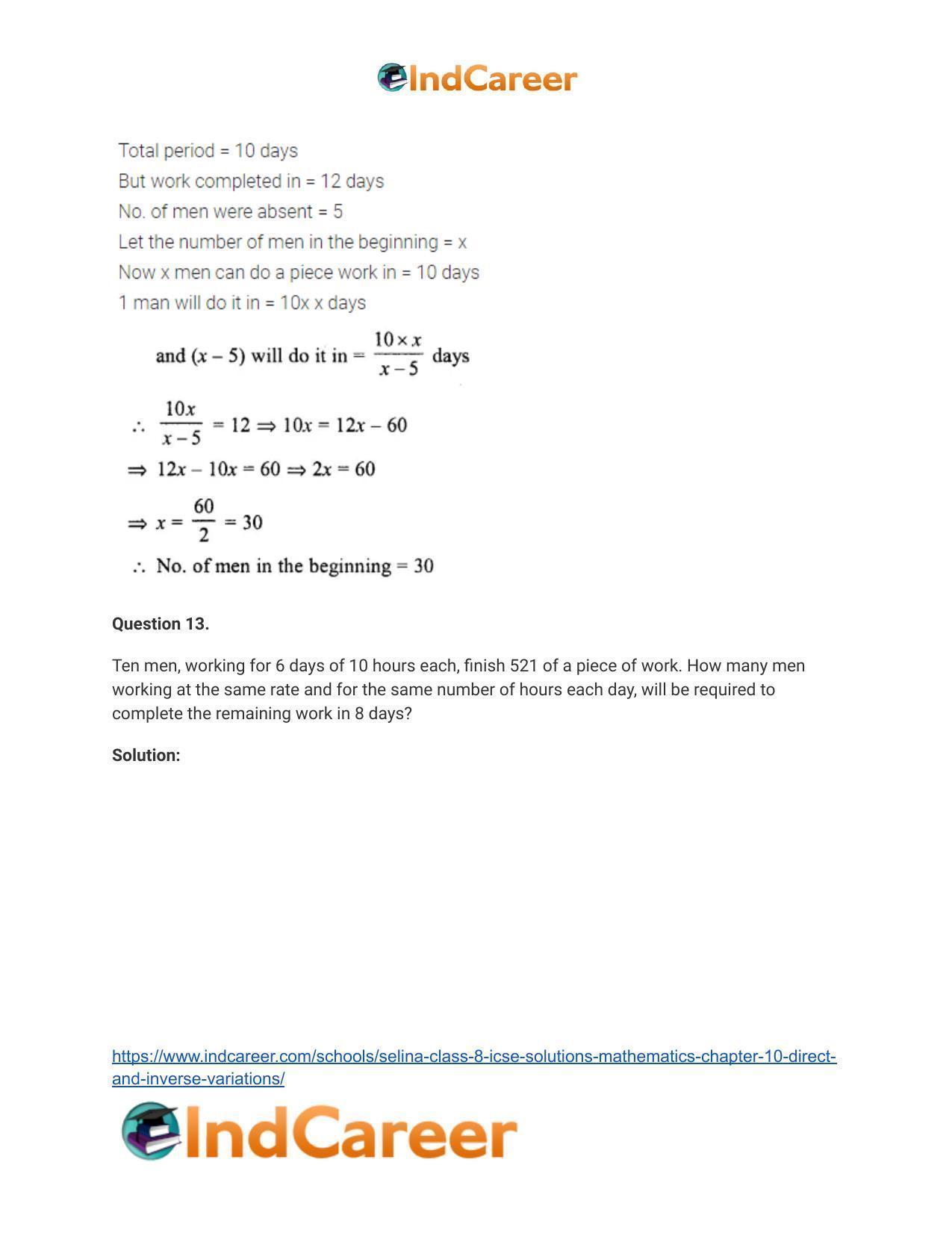 Selina Class 8 ICSE Solutions Mathematics : Chapter 10- Direct and Inverse Variations - Page 34