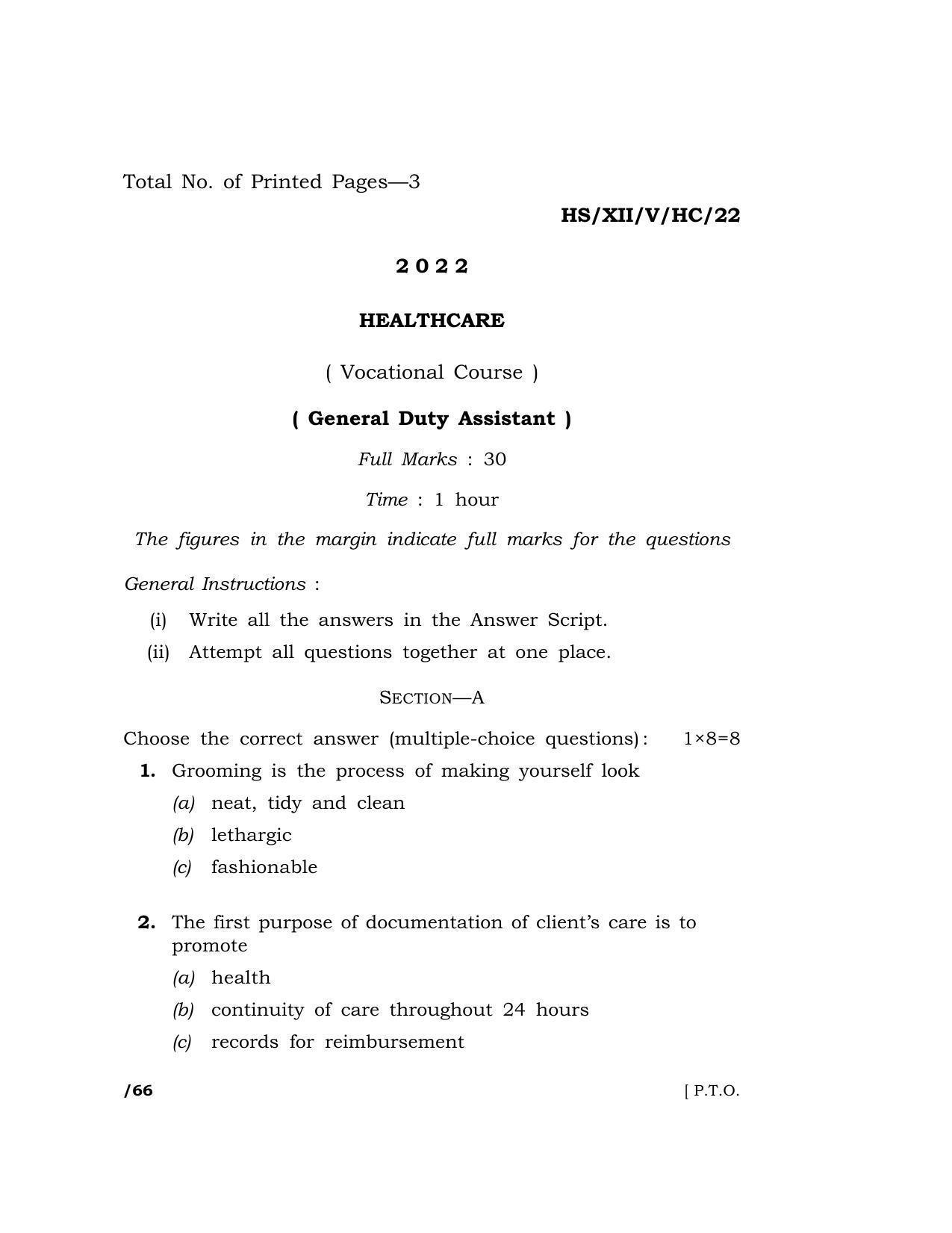 Meghalaya Board (MBOSE) Class 12 HEALTHCARE (HS_XII_A. Sc. Com_HC_22) 2022 Question Paper - Page 1