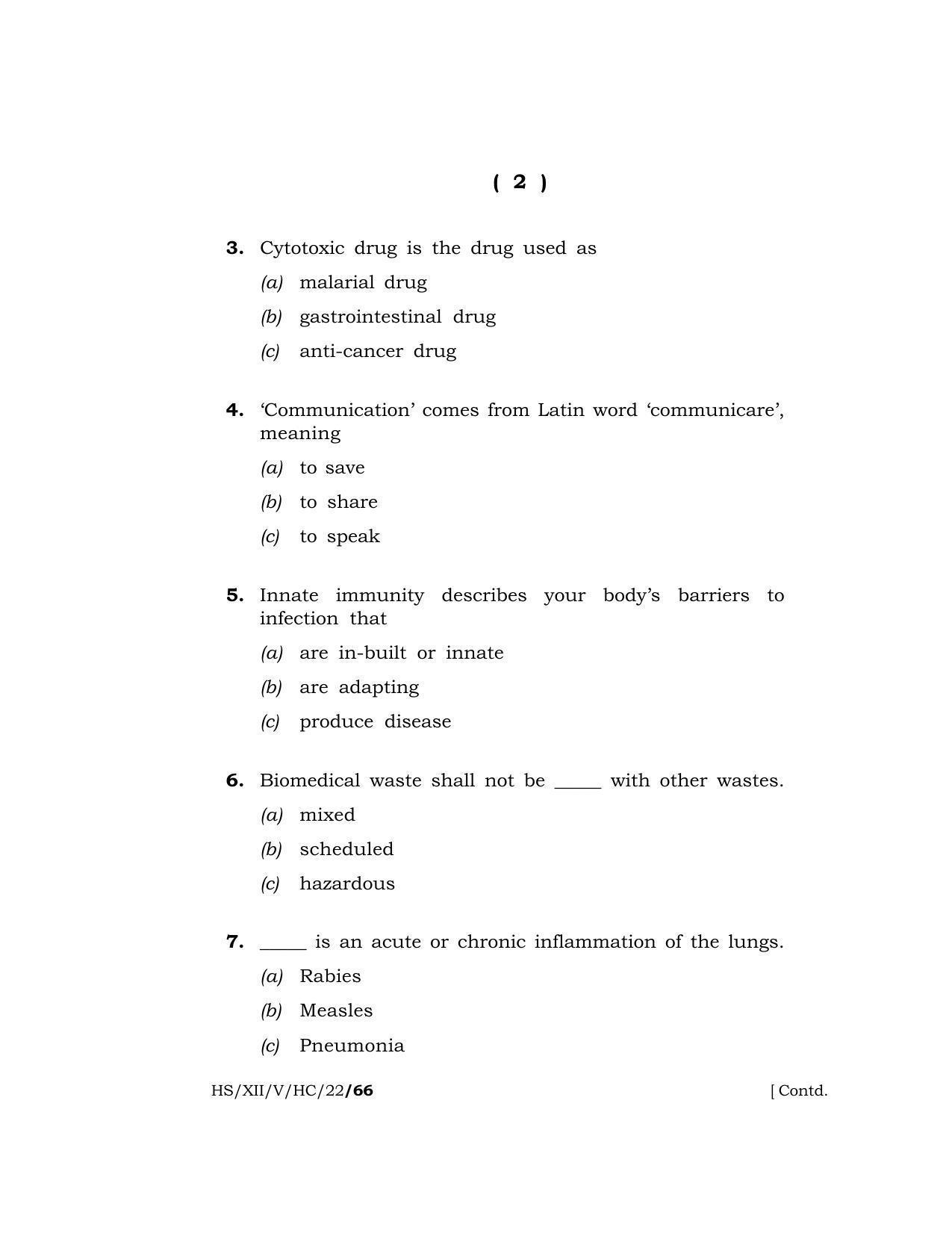 Meghalaya Board (MBOSE) Class 12 HEALTHCARE (HS_XII_A. Sc. Com_HC_22) 2022 Question Paper - Page 2