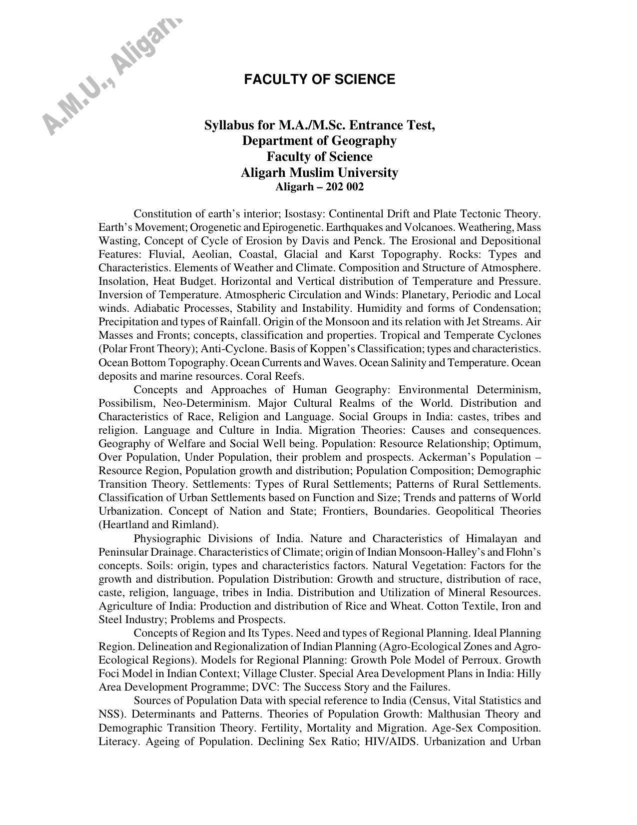 AMU Entrance Exam: M.Sc. / M.A. Geography Syllabus - Page 1