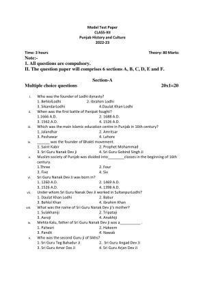 PSEB Class 12 Punjab History And Culture Model Papers