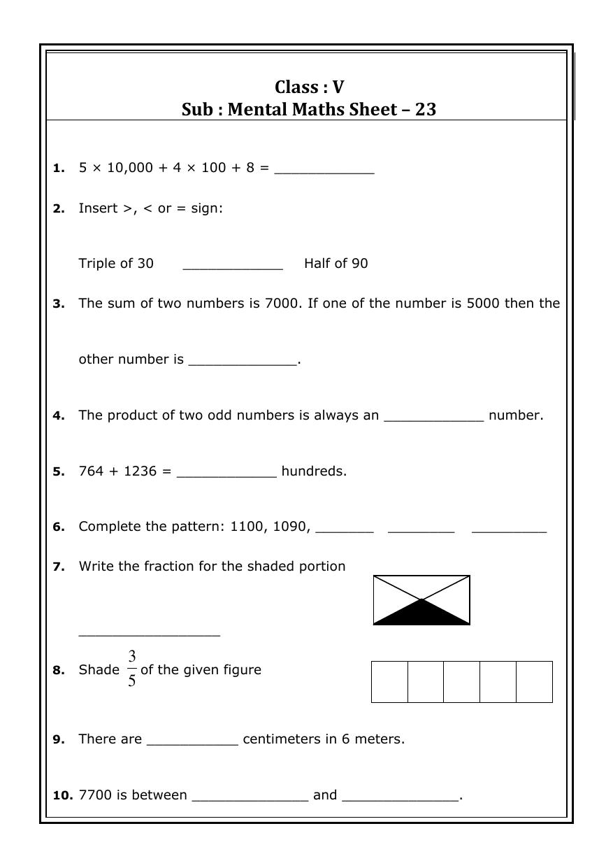 Worksheet for Class 5 Maths Mental Maths Assignment 7 - Page 1