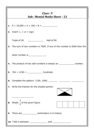 Worksheet for Class 5 Maths Mental Maths Assignment 7