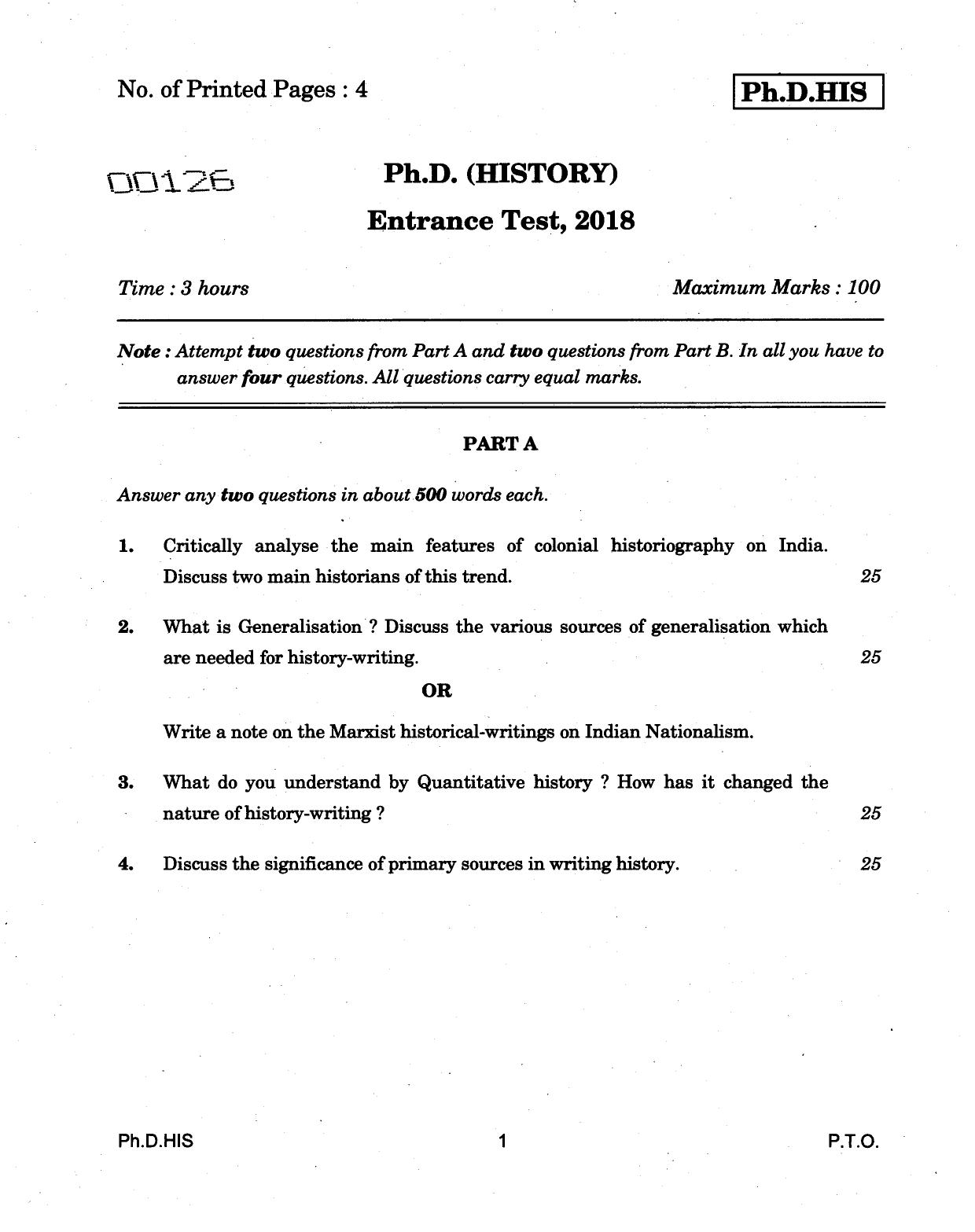 IGNOU PhD Entrance Test Ph.D (History) 2018 Question Paper - Page 1
