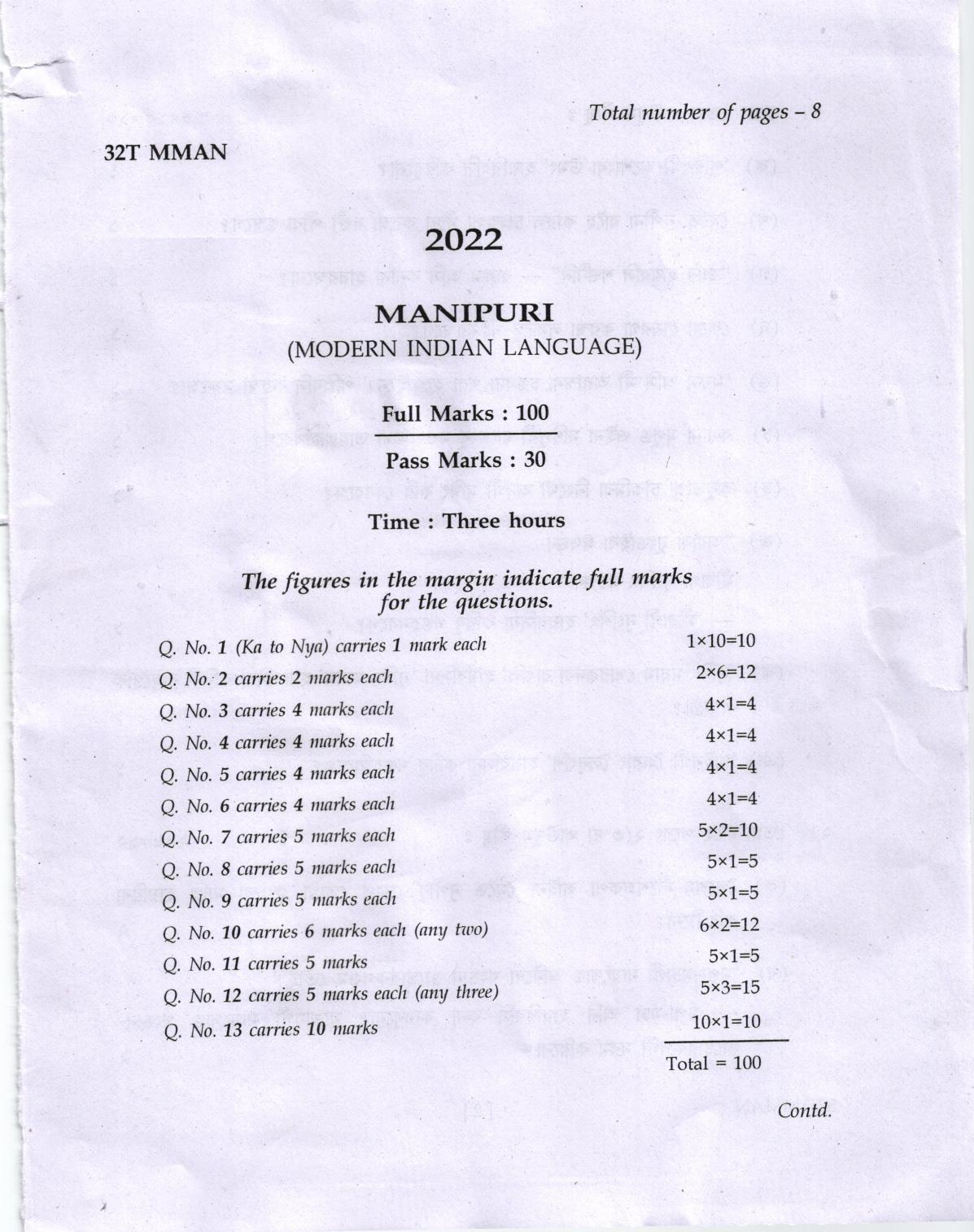 AHSEC Class 12 MIL MANIPURI Question Papers 2022 - Page 1