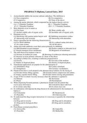 OJEE 2015 PHARMACY (Diploma, Lateral Entry) Question Paper