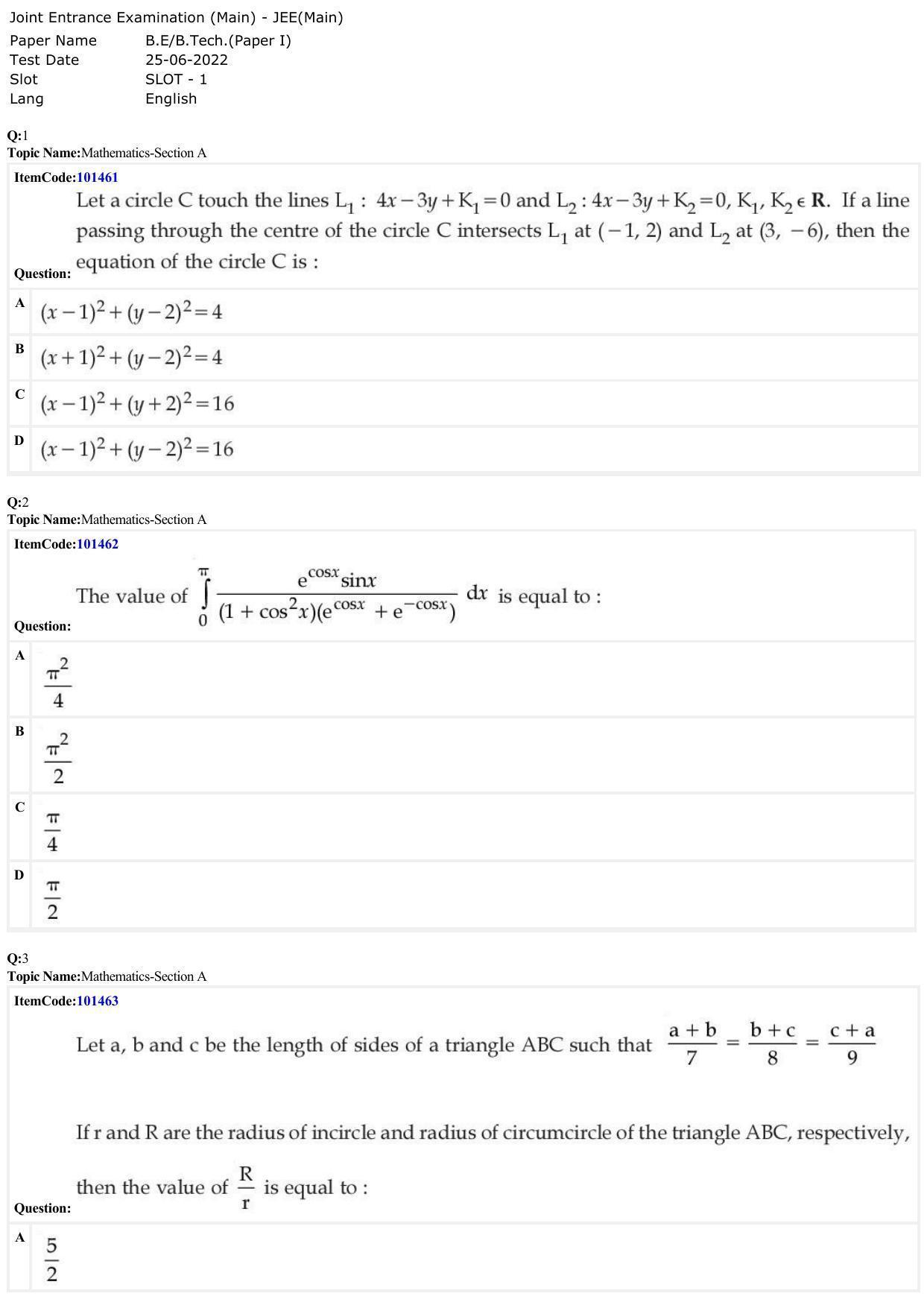 JEE Mains 2022: BTech English (Shift 1) 25-06-2022 Question Paper - Page 1