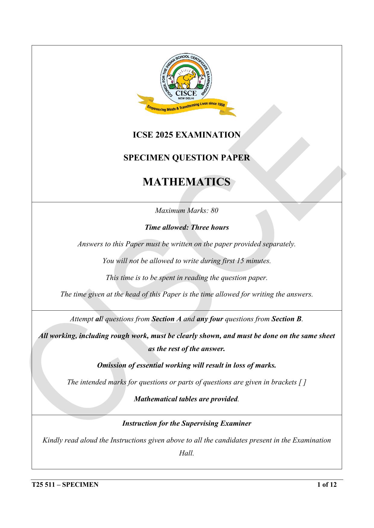 ICSE Class 10 2025 Mathematics (QP & MS) Specimen Paper - Page 1
