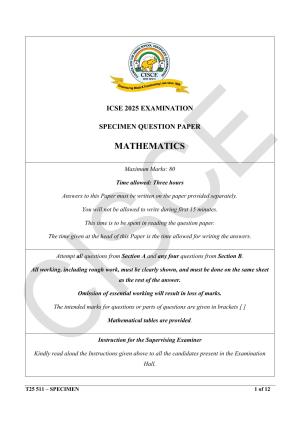 ICSE Class 10 2025 Mathematics (QP & MS) Specimen Paper