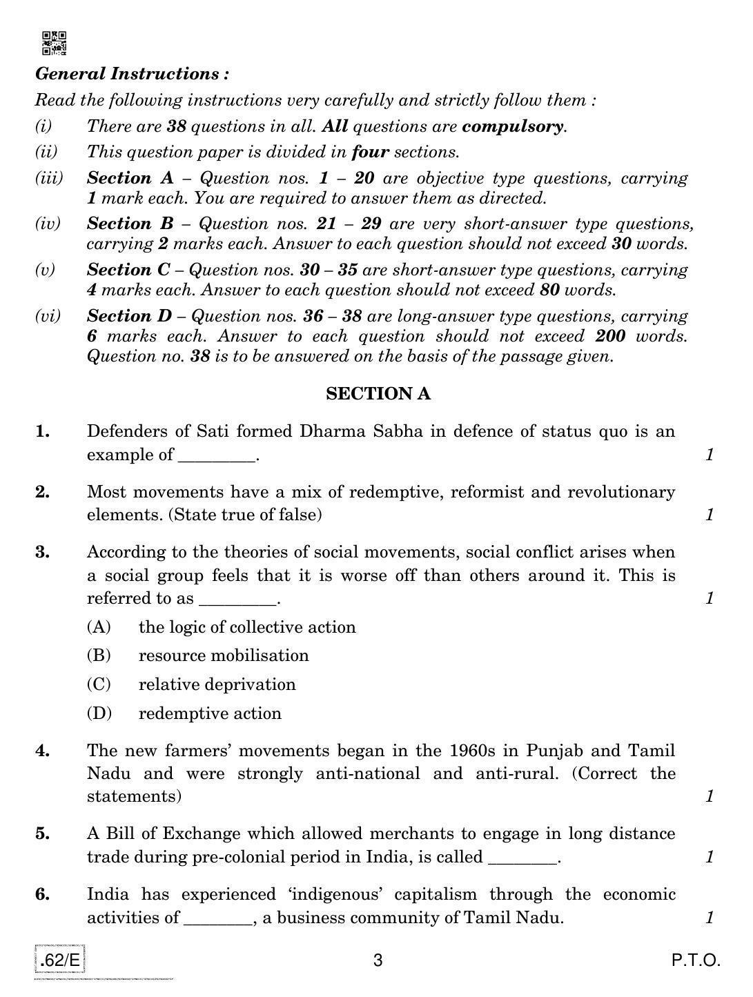 CBSE Class 12 Sociology 2020 Compartment Question Paper - Page 3