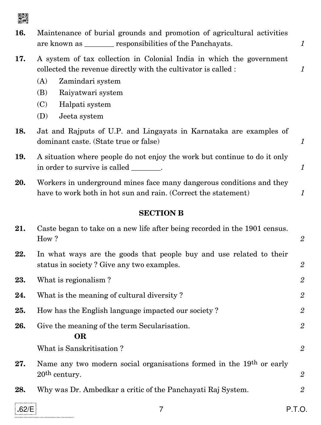 CBSE Class 12 Sociology 2020 Compartment Question Paper - Page 7