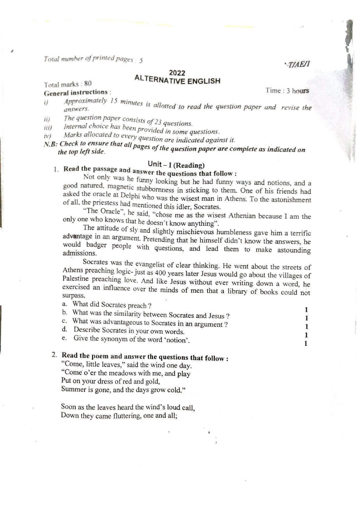 Nagaland Board Class 10 Alternative English 2022 Question Paper - Page 1