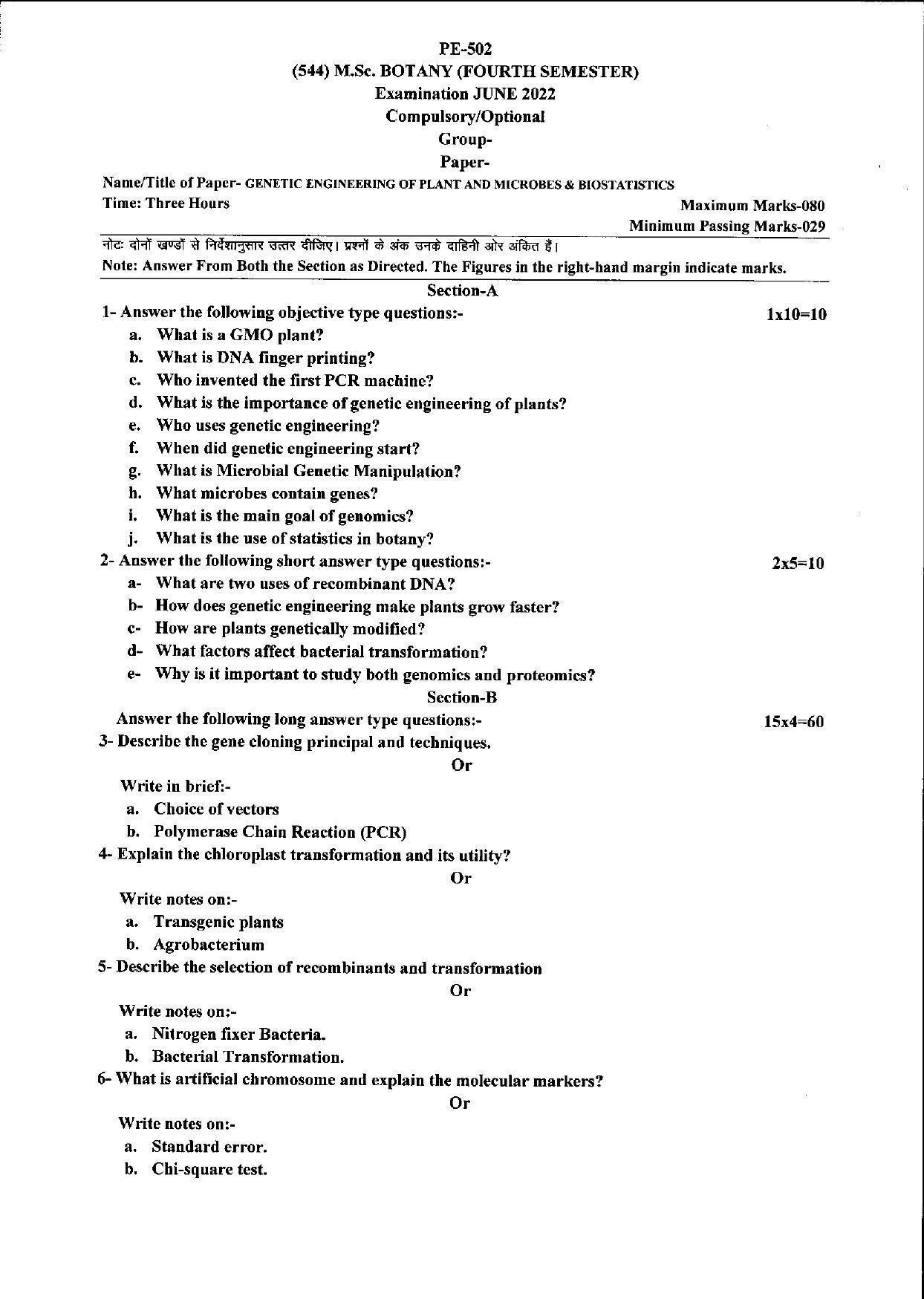 Bilaspur University Question Paper June 2022:M.Sc. Botany (Fourth Semester) Genetic Engineering Of Plant And Microbes & Biostatistics Paper 1 - Page 1