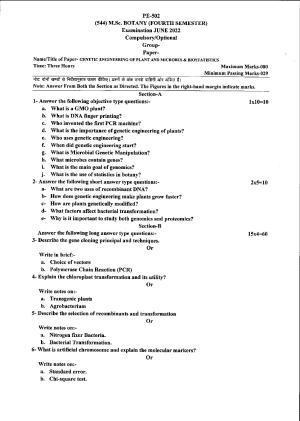 Bilaspur University Question Paper June 2022:M.Sc. Botany (Fourth Semester) Genetic Engineering Of Plant And Microbes & Biostatistics Paper 1