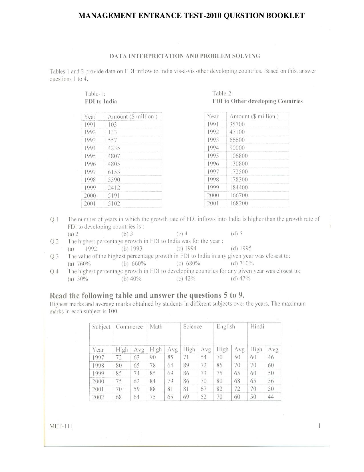 PU MET 2010 Question Booklet with Key - Page 1