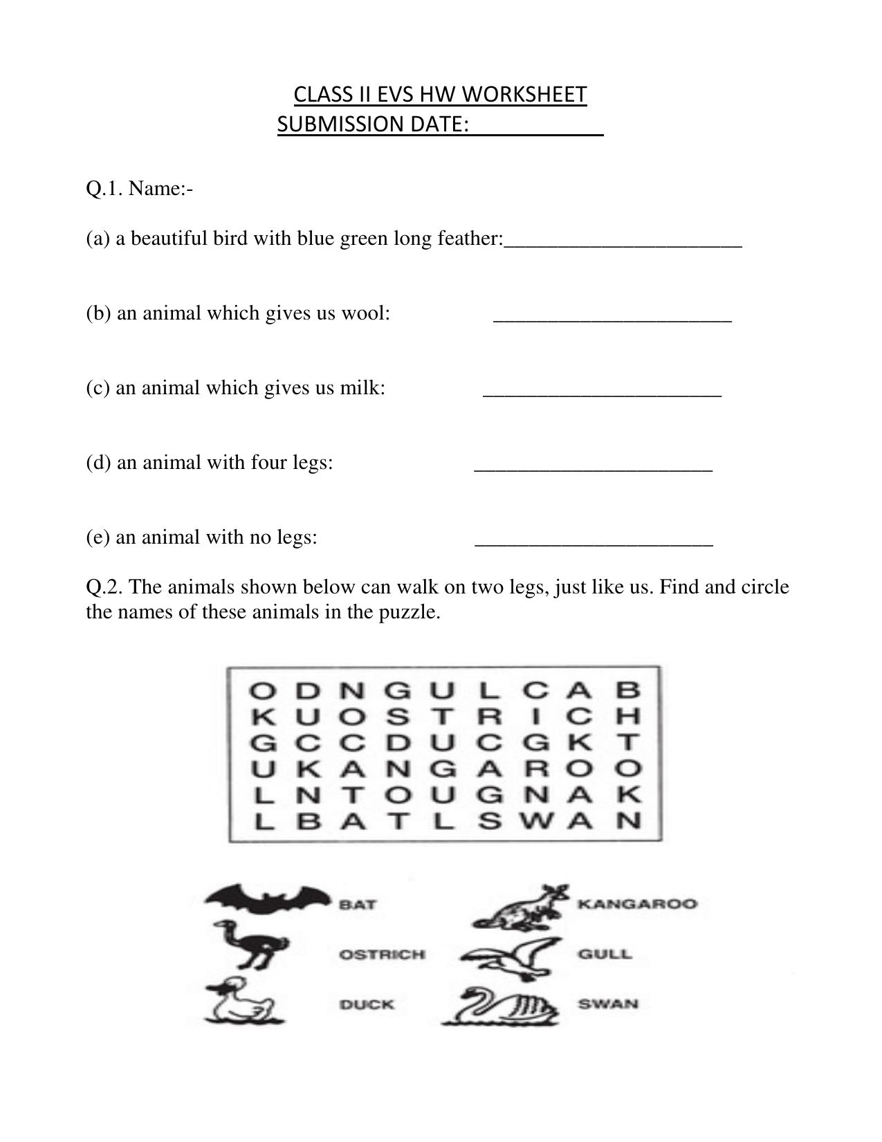 Worksheets for Class 2 EVS Assignment 36 Animals - Page 1