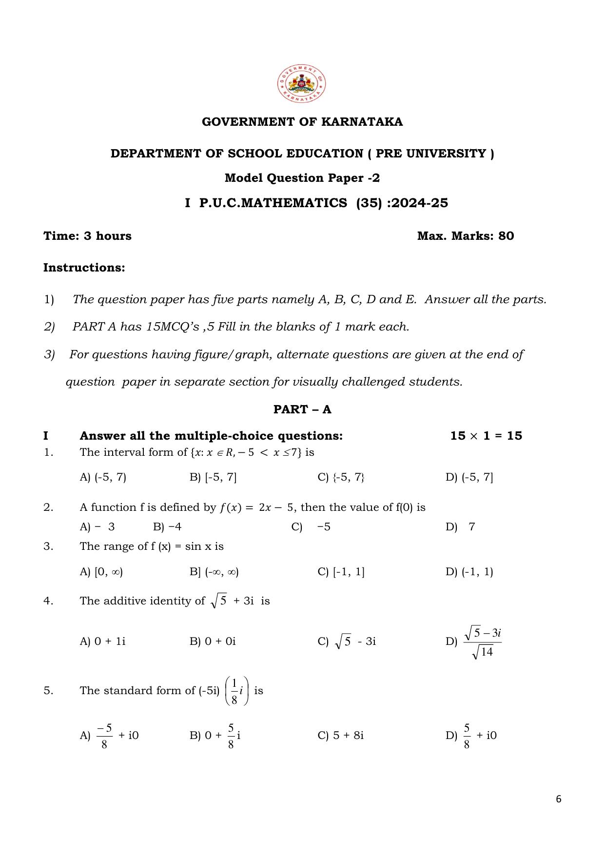 Karnataka 1st PUC Mathematics Model Question Paper 2025 - Page 6