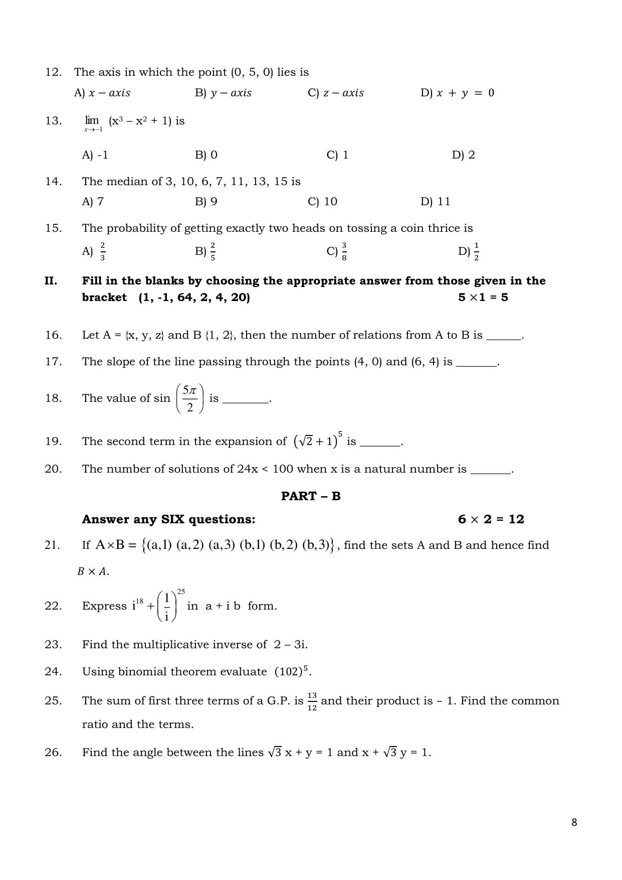 Karnataka 1st PUC Mathematics Model Question Paper 2025 - Page 8