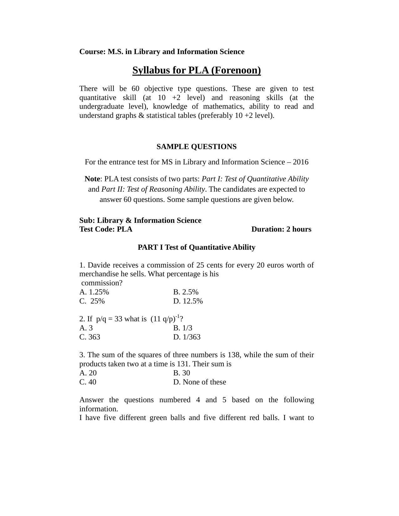 ISI Admission Test M.S (LIS) PLA 2016 Sample Paper - Page 1
