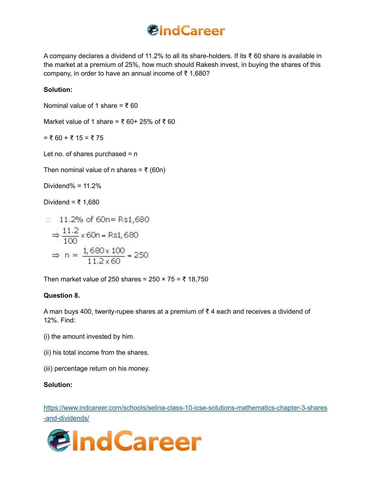 Selina Class 10 ICSE Solutions Mathematics : Chapter 3 -Shares and Dividends - Page 14