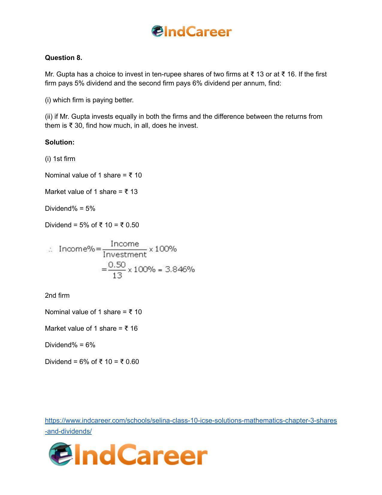 Selina Class 10 ICSE Solutions Mathematics : Chapter 3 -Shares and Dividends - Page 35