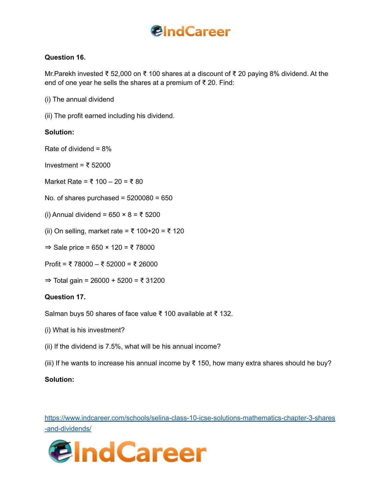 Selina Class 10 ICSE Solutions Mathematics : Chapter 3 -Shares and Dividends - Page 44