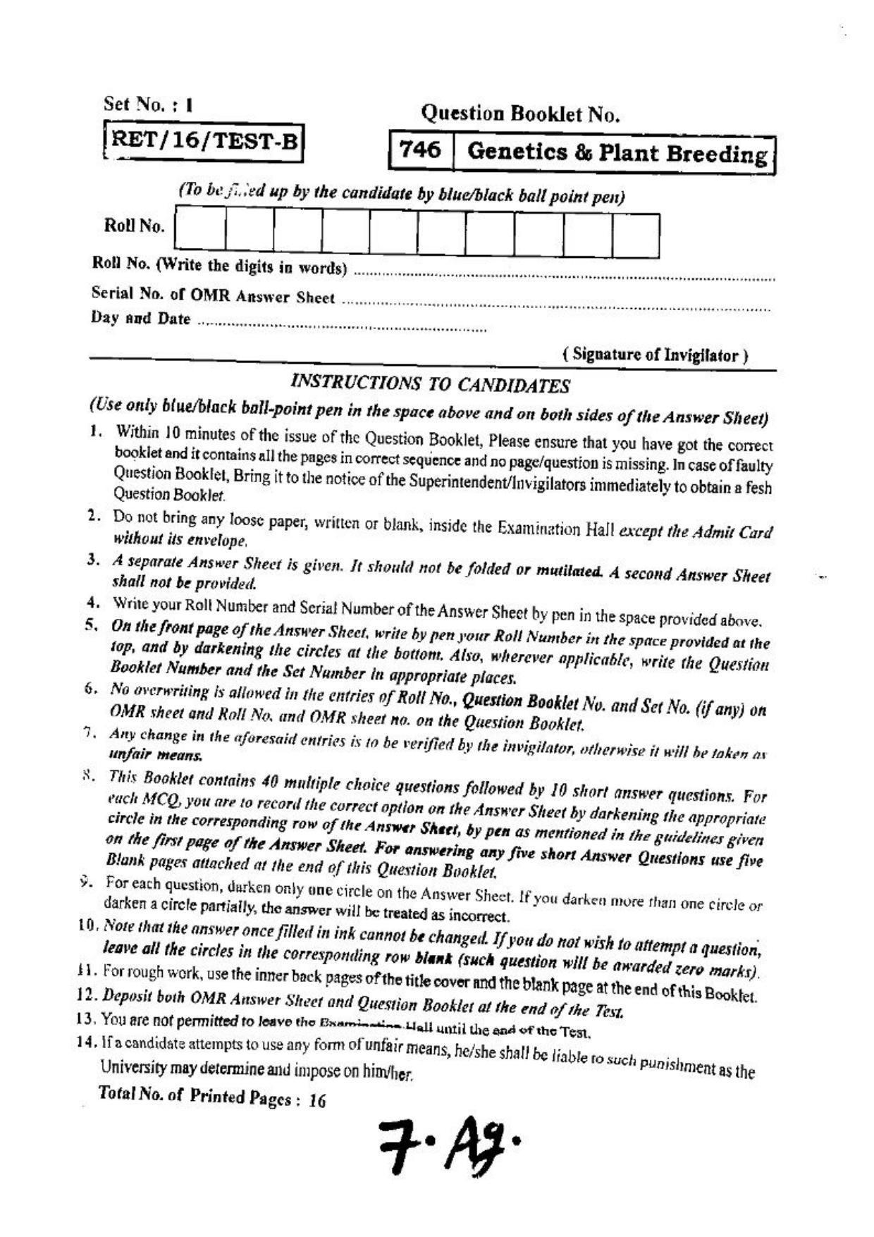 BHU RET (Agriculture) Genetics & Plant Breeding 2016 Question Paper - Page 1