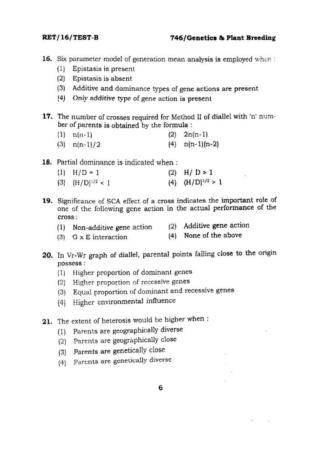 BHU RET (Agriculture) Genetics & Plant Breeding 2016 Question Paper - Page 6