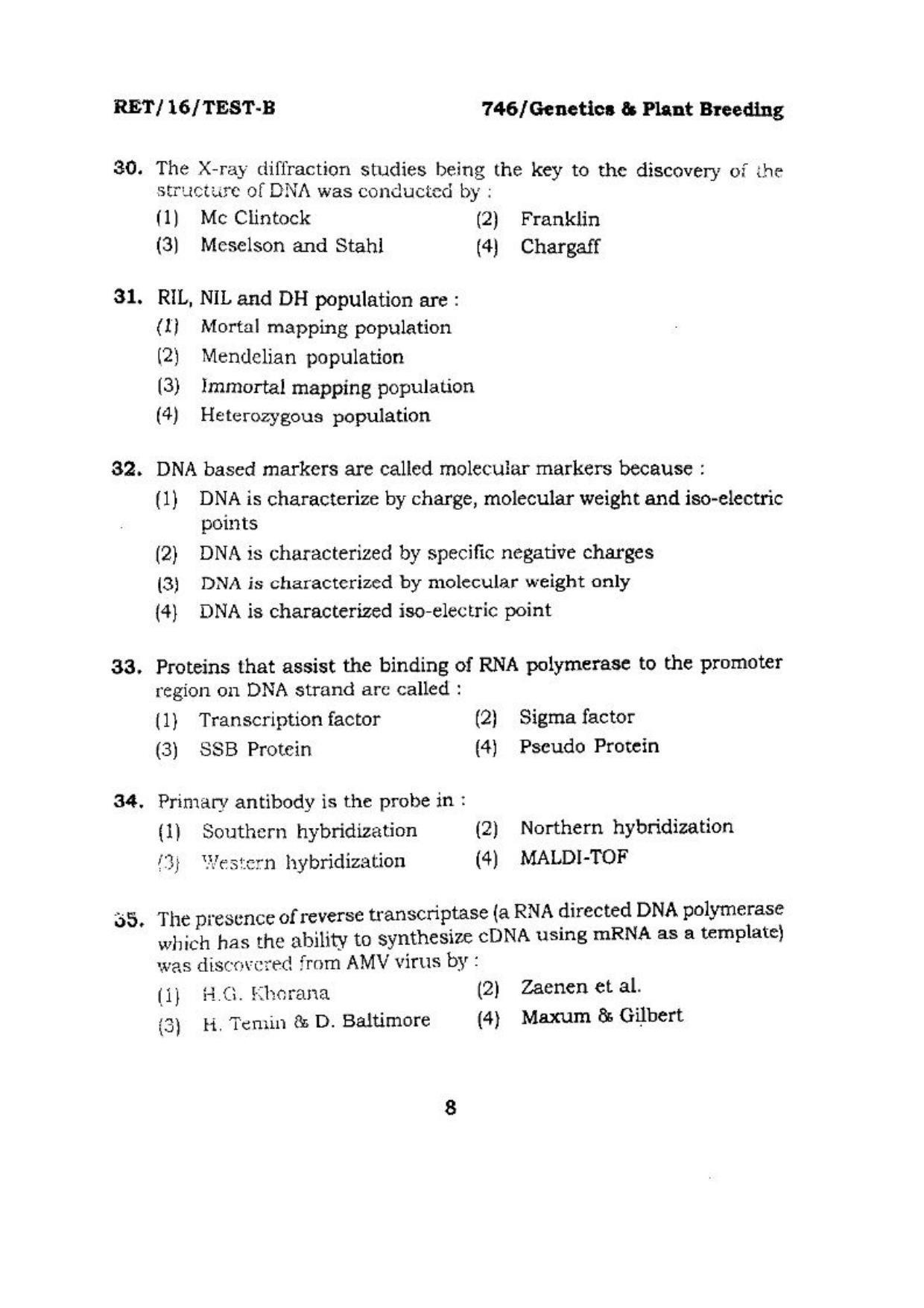 BHU RET (Agriculture) Genetics & Plant Breeding 2016 Question Paper - Page 8