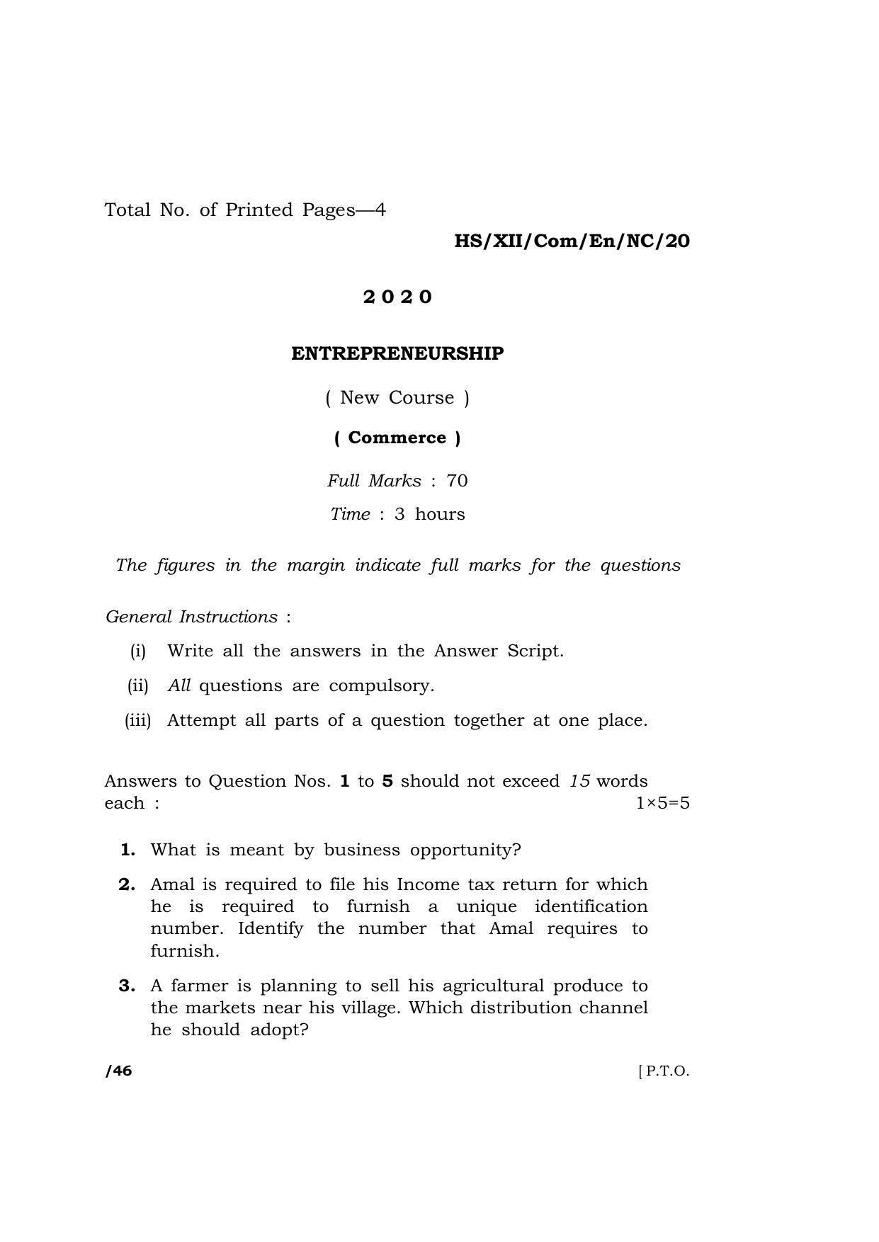 Meghalaya Board (MBOSE) Class 12 ENTREPRENEURSHIP ( New Course ) 2020 Question Paper - Page 1