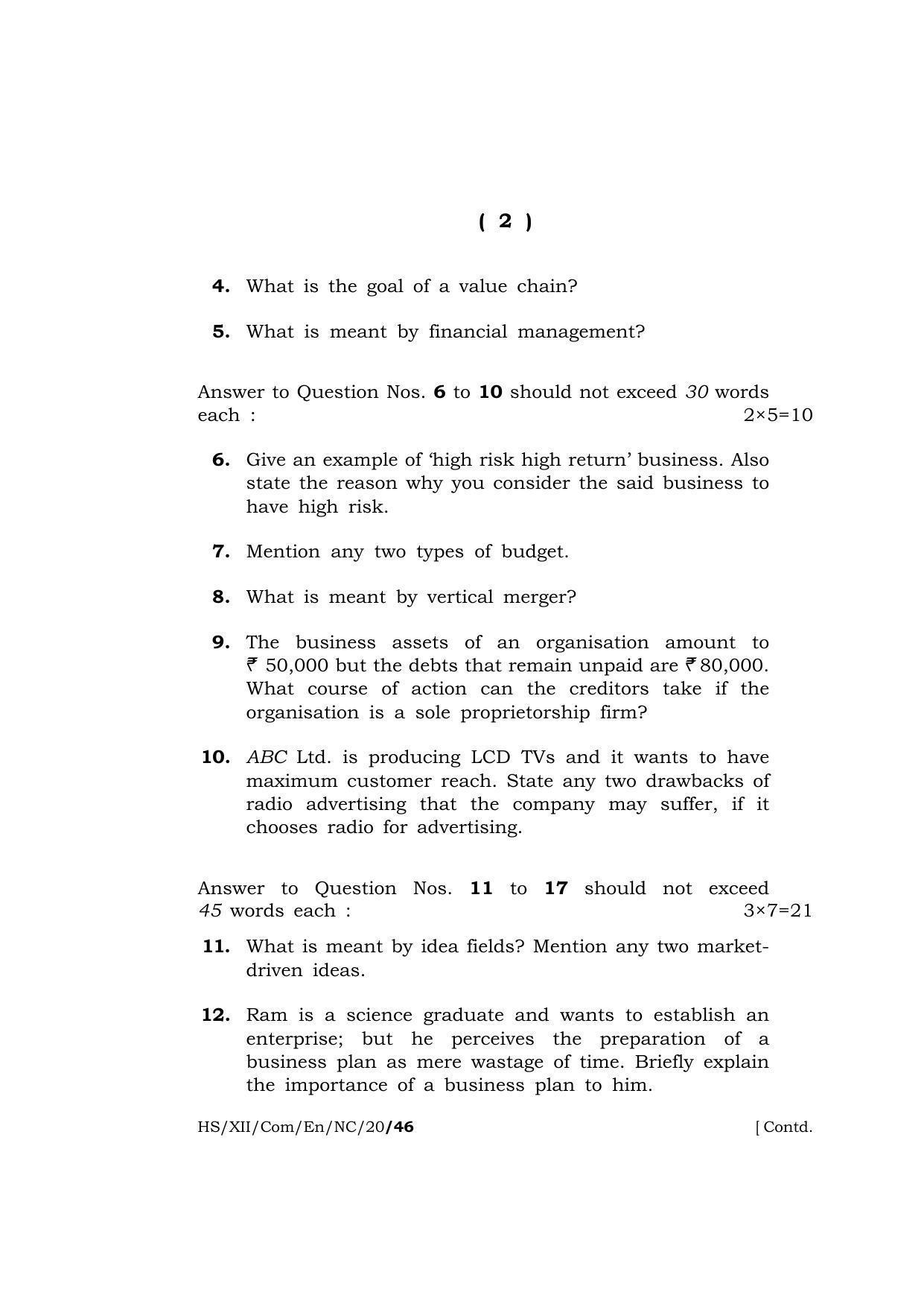 Meghalaya Board (MBOSE) Class 12 ENTREPRENEURSHIP ( New Course ) 2020 Question Paper - Page 2