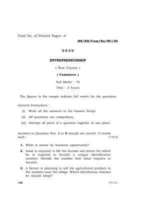 Meghalaya Board (MBOSE) Class 12 ENTREPRENEURSHIP ( New Course ) 2020 Question Paper
