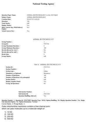 ICAR AIEEA PG 2019 ANIMAL BIOTECHNOLOGY Question Paper
