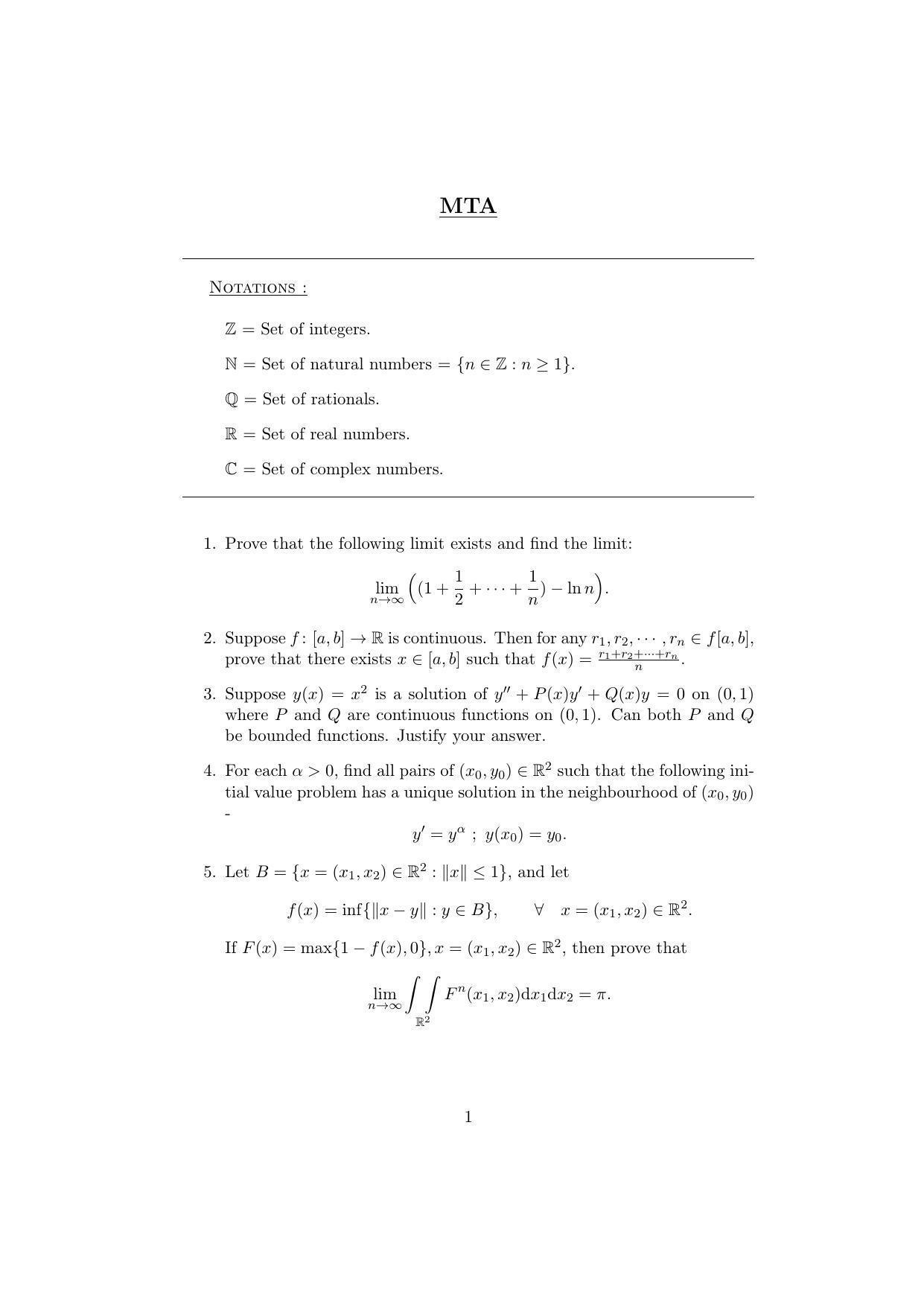 ISI Admission Test JRF in Mathematics MTA 2020 Sample Paper - Page 1