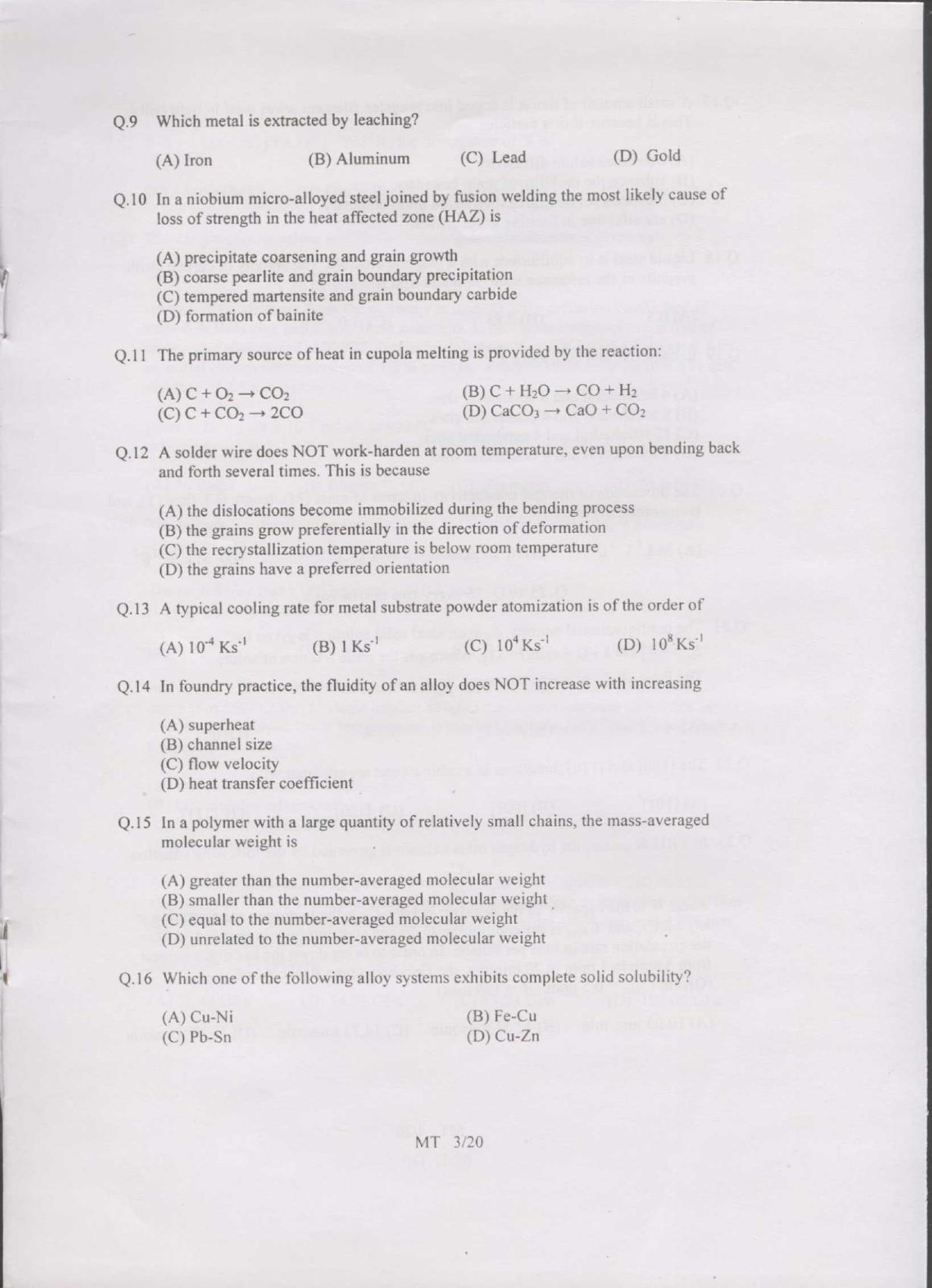 GATE 2007 Metallurgical Engineering (MT) Question Paper with Answer Key - Page 3