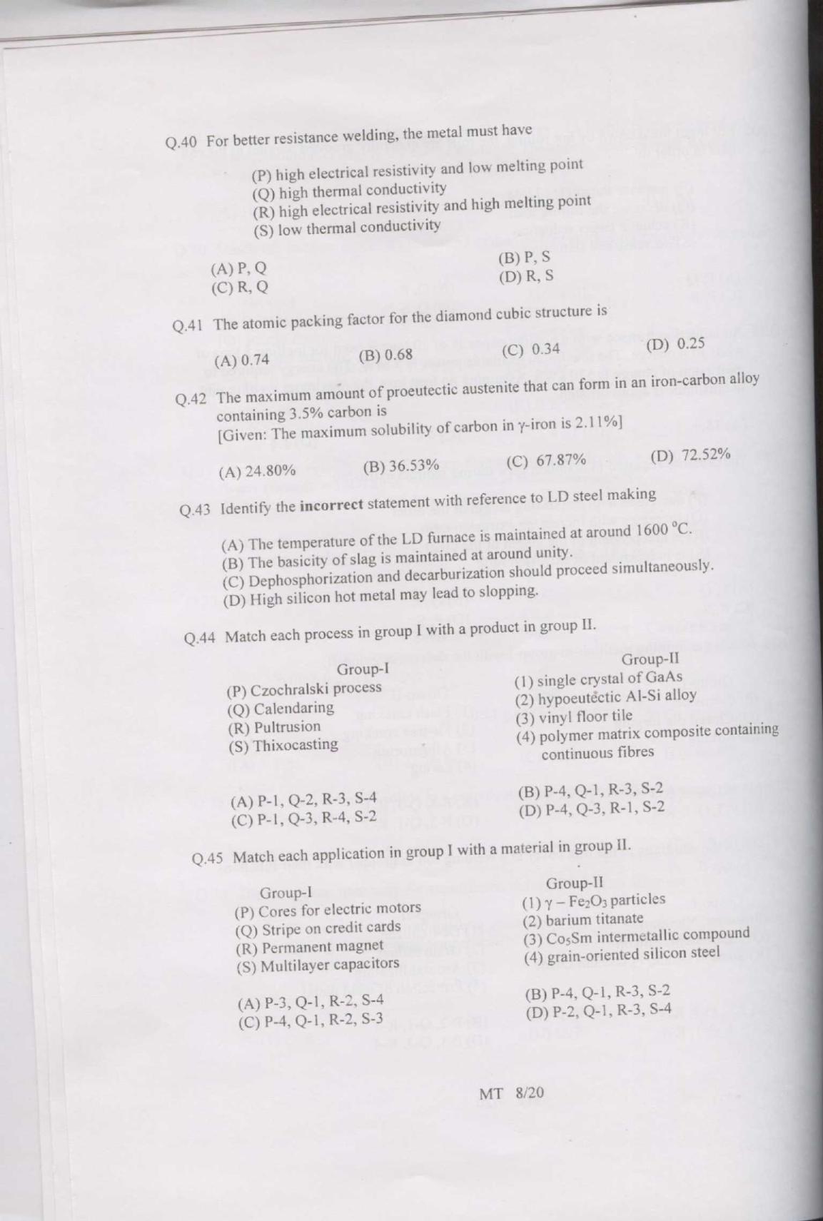GATE 2007 Metallurgical Engineering (MT) Question Paper with Answer Key - Page 8