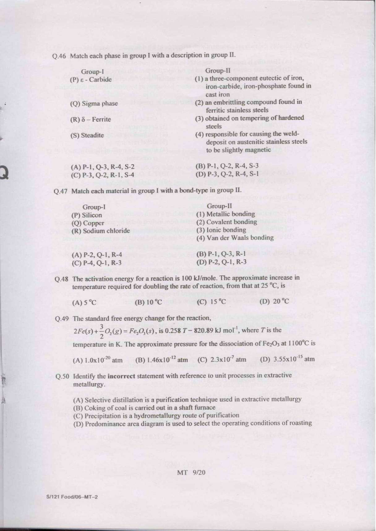 GATE 2007 Metallurgical Engineering (MT) Question Paper with Answer Key - Page 9