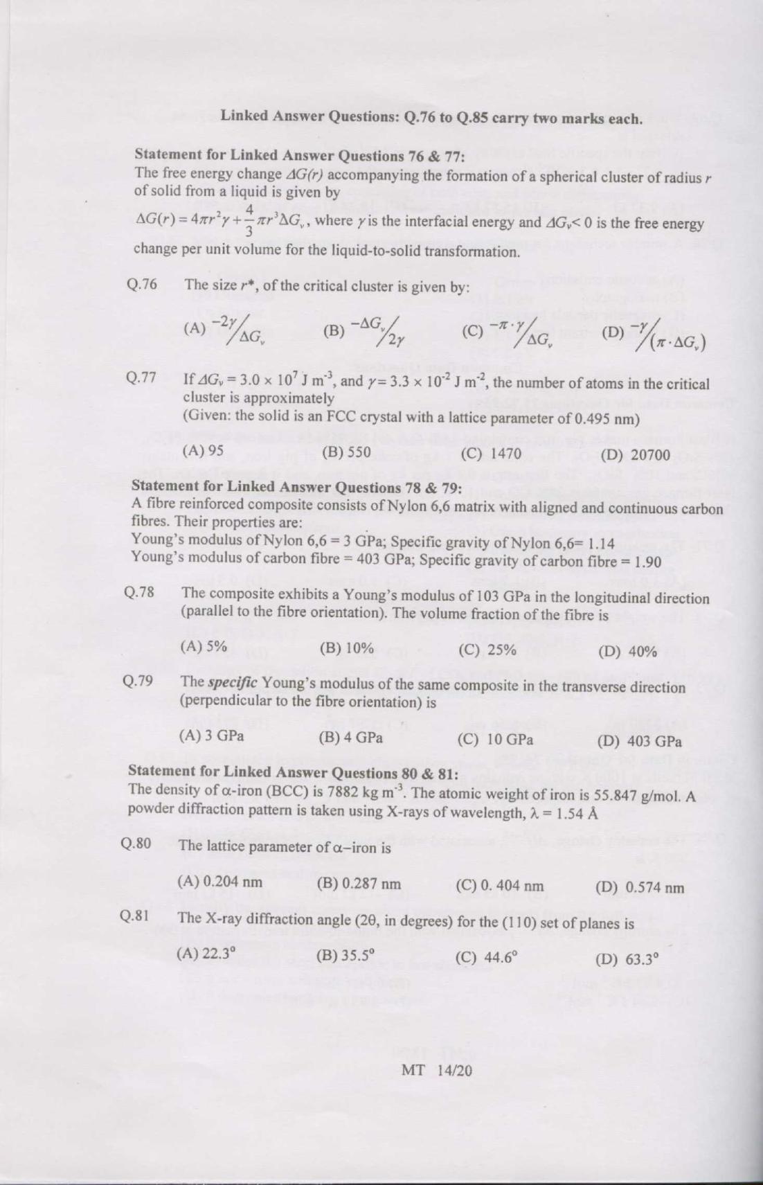 GATE 2007 Metallurgical Engineering (MT) Question Paper with Answer Key - Page 14
