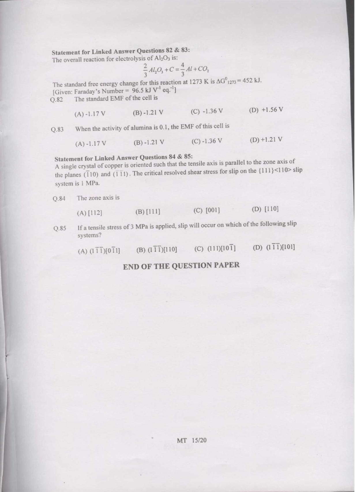 GATE 2007 Metallurgical Engineering (MT) Question Paper with Answer Key - Page 15