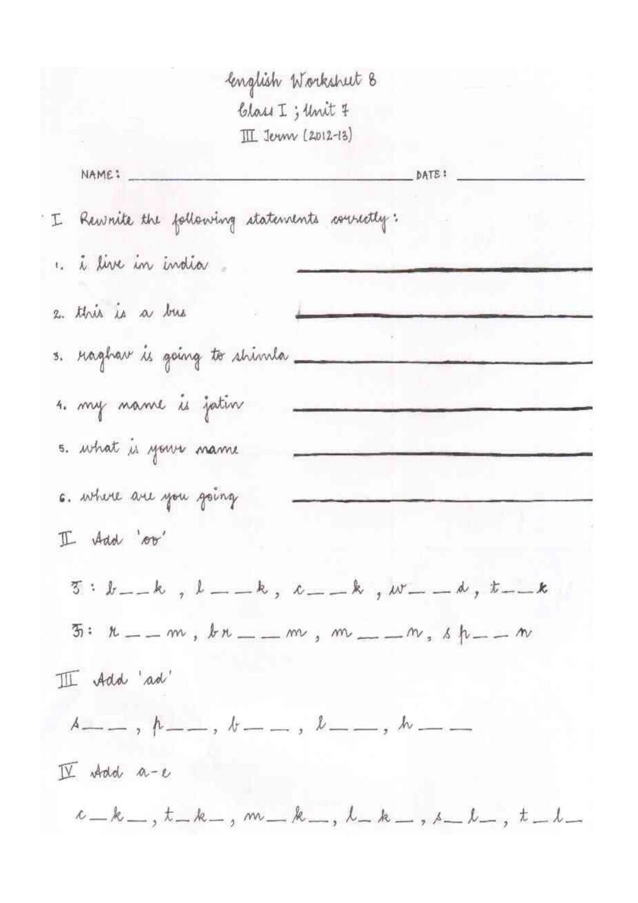 Worksheet for Class 1 English Assignment 9 - Page 1
