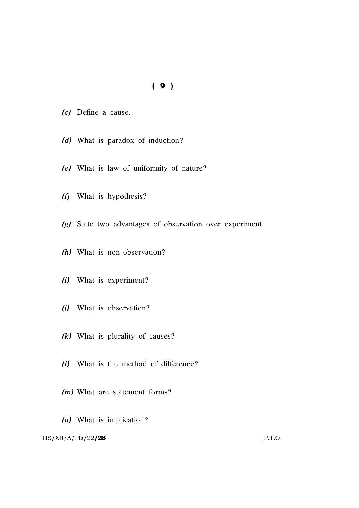 Meghalaya Board (MBOSE) Class 12 PHILOSOPHY (HS_XII_A_Pls_22) 2022 Question Paper - Page 9