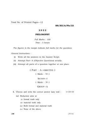 Meghalaya Board (MBOSE) Class 12 PHILOSOPHY (HS_XII_A_Pls_22) 2022 Question Paper