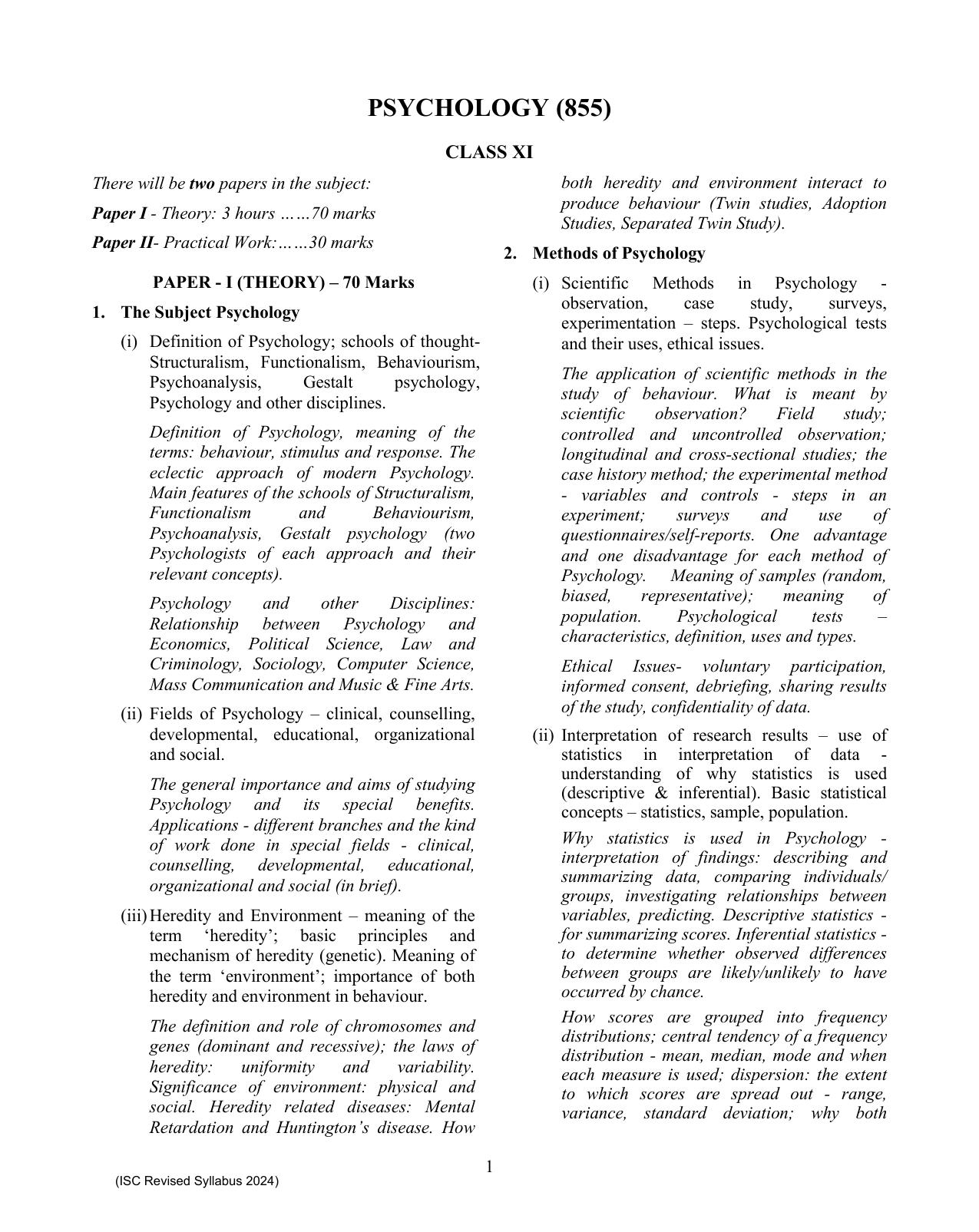 ISC Class XI Psychology 2025 Syllabus - Page 1