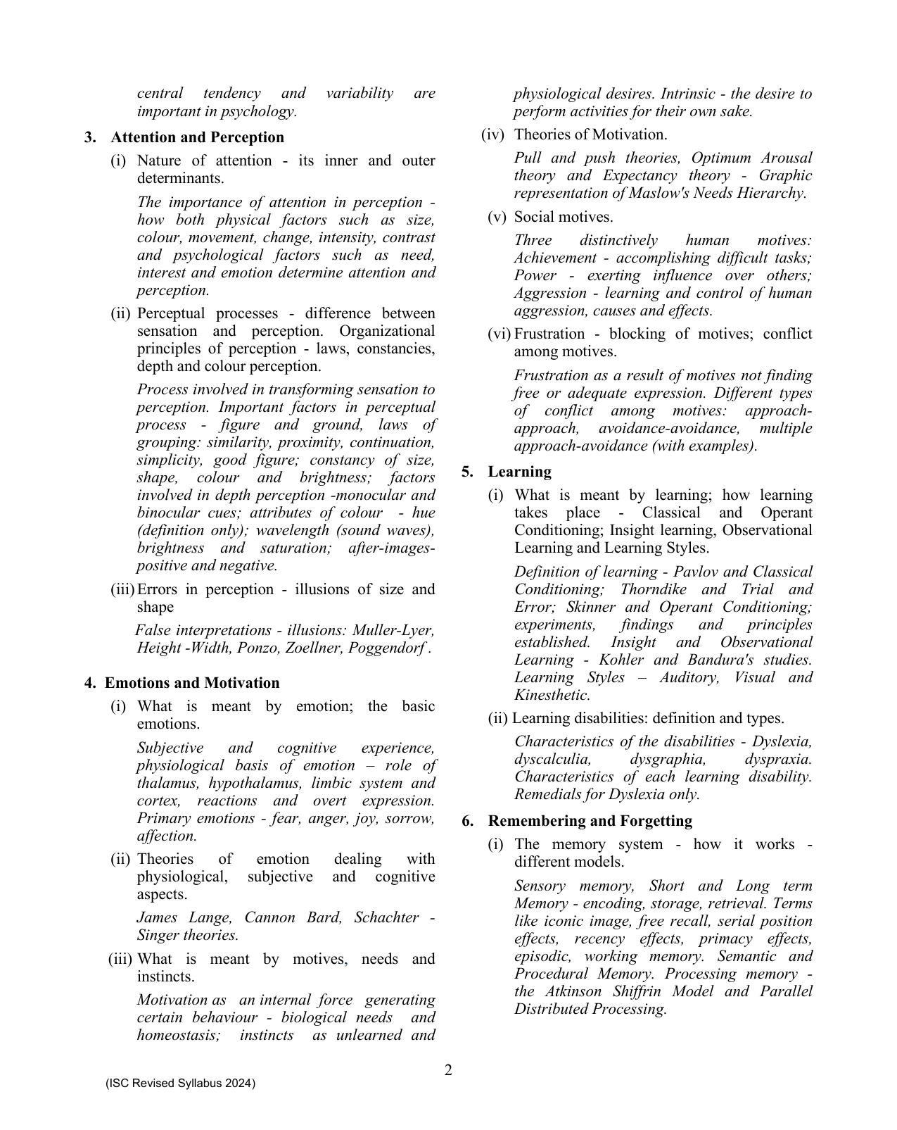 ISC Class XI Psychology 2025 Syllabus - Page 2