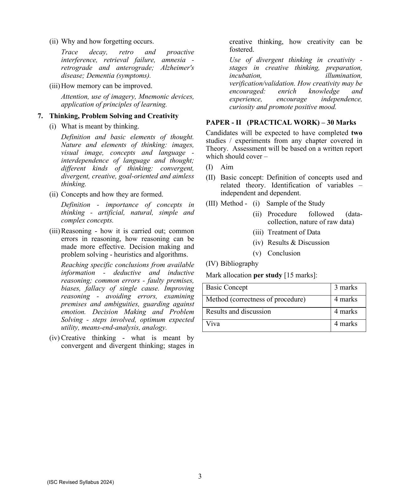 ISC Class XI Psychology 2025 Syllabus - Page 3