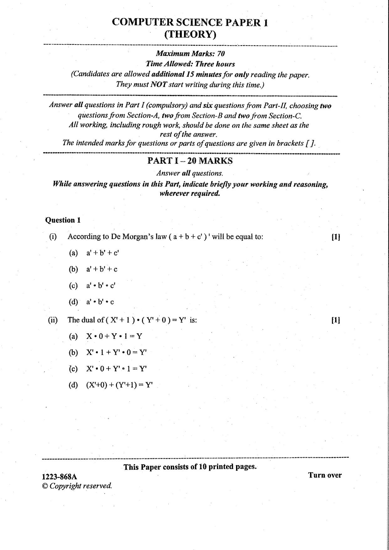 ISC Class 12 Computer Science 2023 Question Paper - Page 1